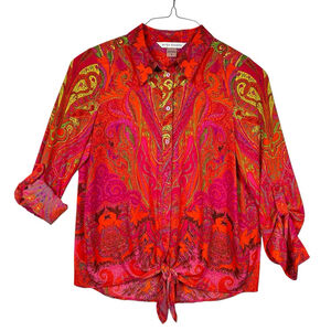 Peter Nygard Pink Paisley Front Tie Roll Sleeve Button Blouse Size Small